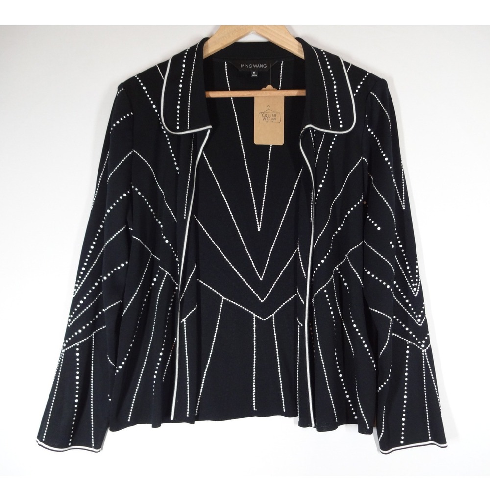 Ming Wang Knit Jacket Womens Medium Black White Geometric Open Front Career